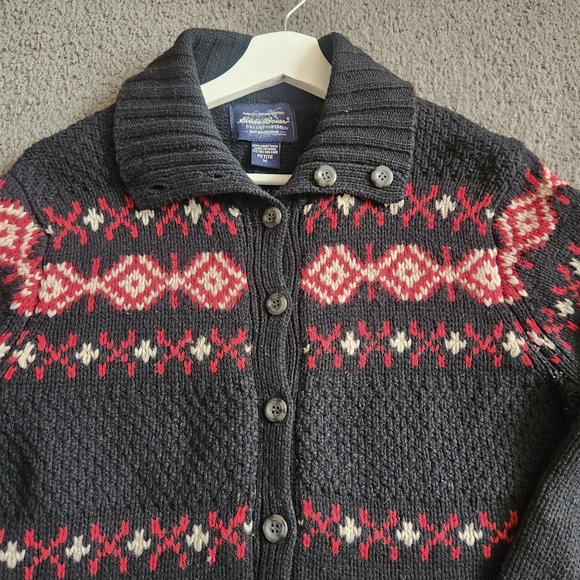 EDDIE BAUER Women's Cardigan Petite Medium Black 100% Lambswool VTG 90s Sweater - Picture 4 of 9